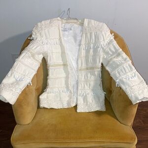 Victor Costa Cream Lace & Tassel Open-Front Jacket. USA.